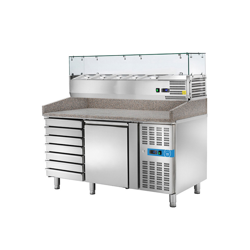 Table réfrigérée à pizza avec n° 1 porte EN 60x40 + 7 tiroirs et vitrine porte-goût pour 5 bassines GN 1/3 + 1 bassine GN 1/2