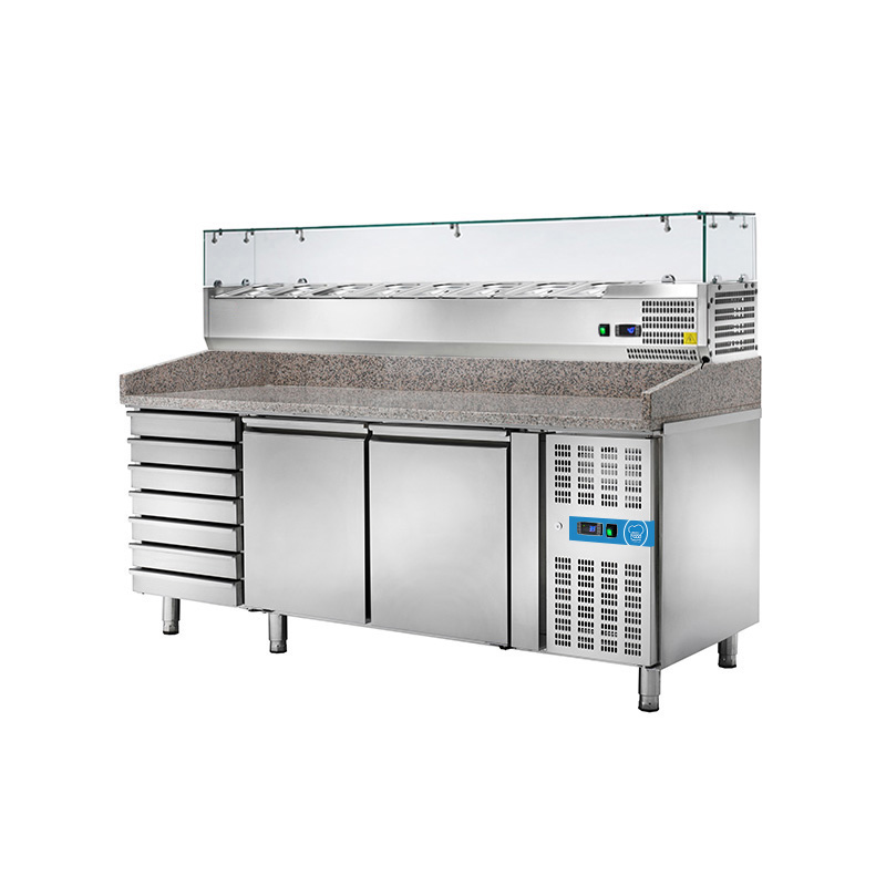 Table réfrigérée à pizza avec n° 2 portes EN 60x40 + 7 tiroirs et vitrine porte-goût pour 10 bassines GN 1/4