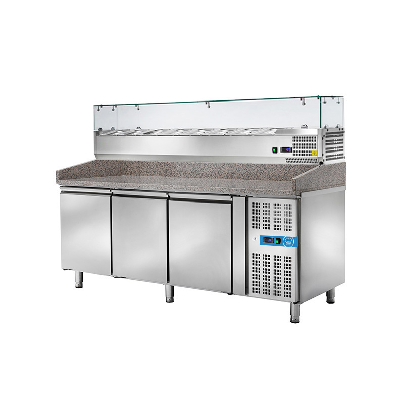 Table réfrigérée à pizza avec n° 3 portes EN 60x40 et vitrine porte-goût pour 10 bassines GN 1/4