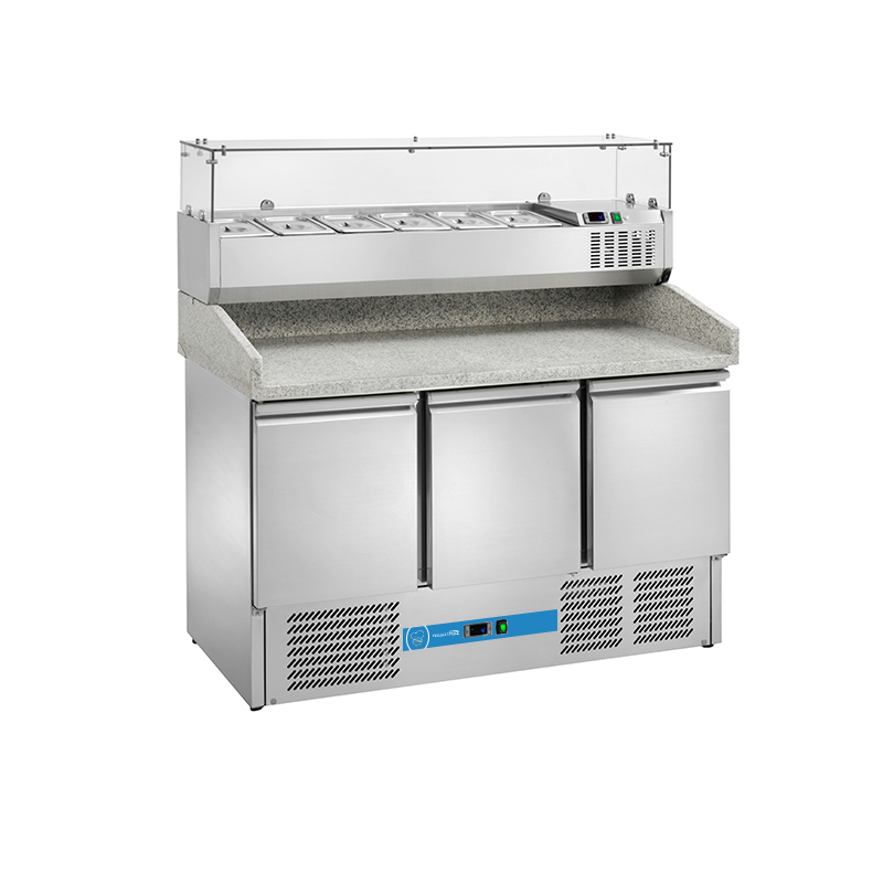 Table réfrigérée à pizza avec n° 3 portes GN 1/1 et vitrine porte-goût pour 6 bassines GN 1/4