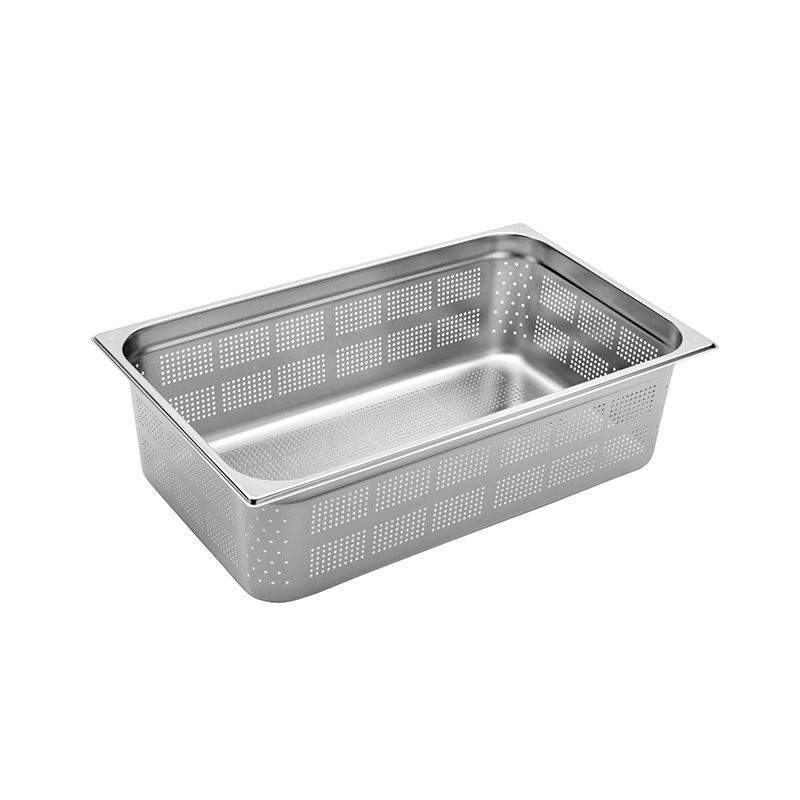 Bassine en acier inox format GN 1/1 avec fond et côtés perforés - hauteur 100 mm