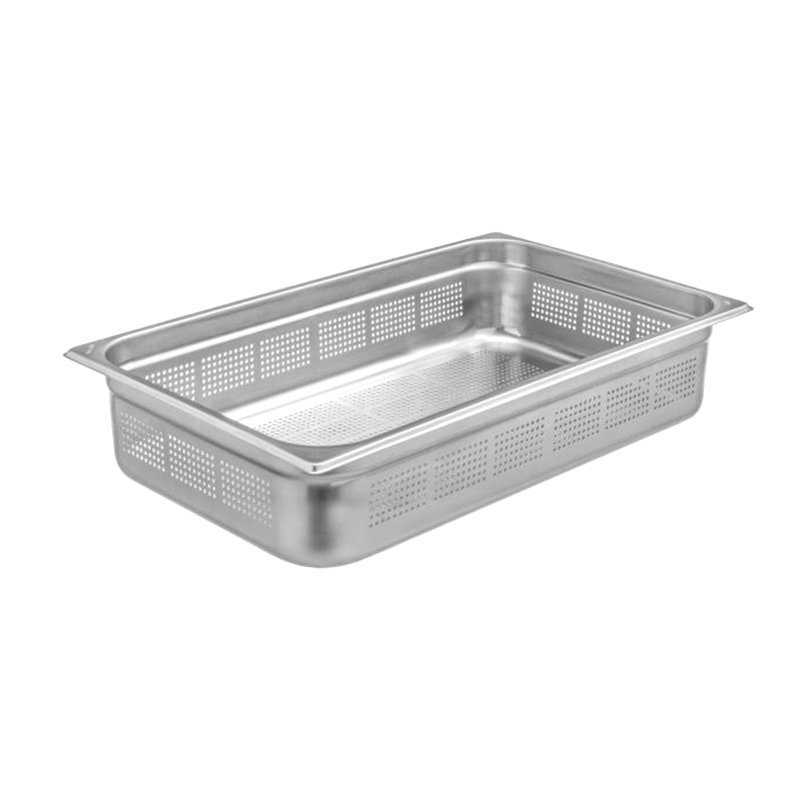 Bassine en acier inox format GN 1/1 avec fond et côtés perforés - hauteur 65 mm