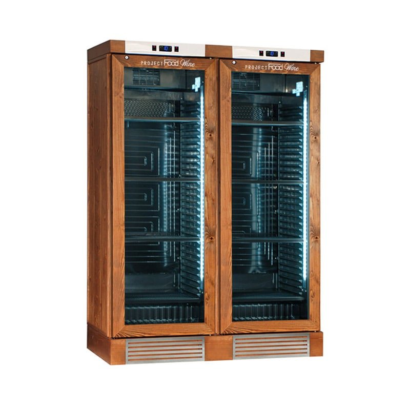 Cave à vin rétro à réfrigération statique avec agitateur pour 252 bouteilles - revêtement en noyer moyen