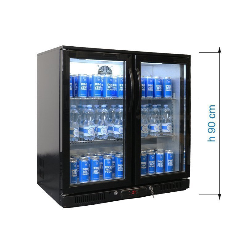Réfrigérateur  de comptoir/arrière-bar pour boissons noir avec deux portes battentes, hauteur 90 cm - température de +2°C à +8°C