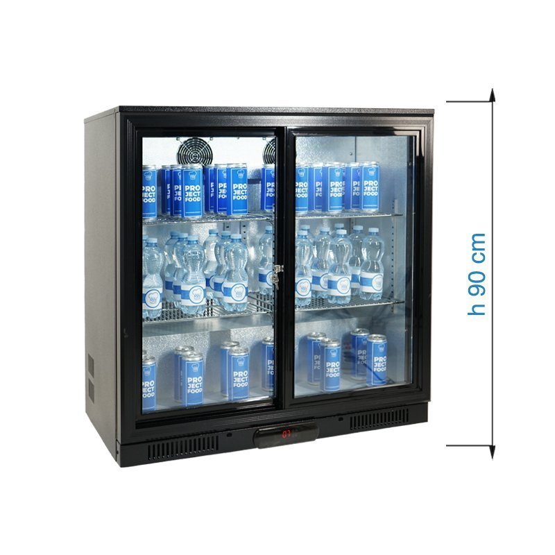 Réfrigérateur de comptoir/arrière-bar pour boissons noir avec deux portes coulissantes, hauteur 90 cm - température de +2°C à +8°C