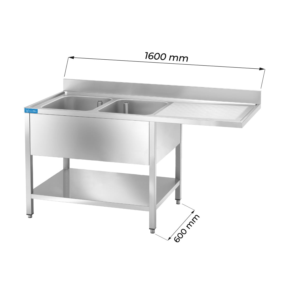 Évier ouvert en acier inoxydable pour lave-vaisselle avec N.2 cuves avec dosseret et égouttoir à droite L1600xP600xH850 mm - ligne basic