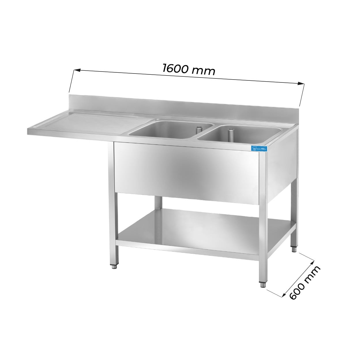 Évier ouvert en acier inoxydable pour lave-vaisselle avec N.2 cuves avec dosseret et égouttoir à gauche L1600xP600xH850 mm - ligne basic