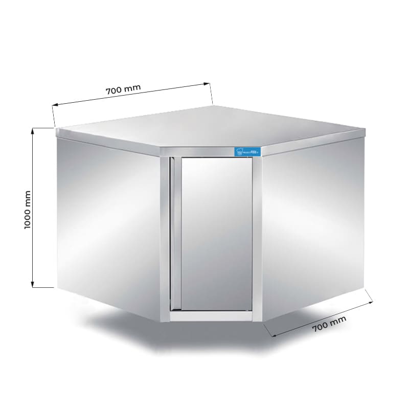 Placard mural à angle en acier inoxydable avec 2 étagères, L700xP700xH1000 mm - ligne basic
