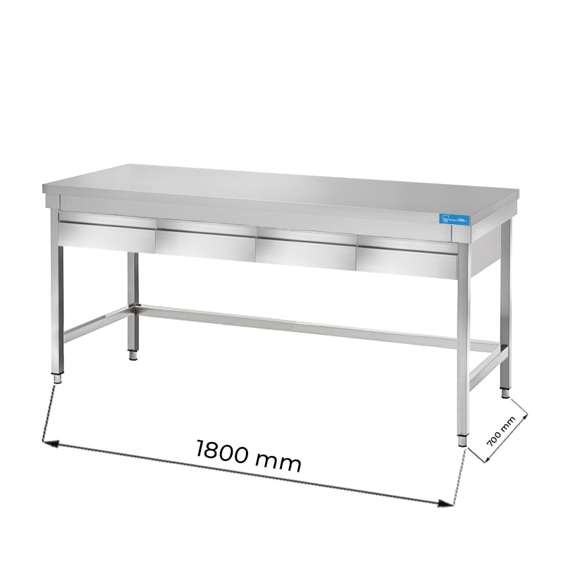 Table ouverte en acier inoxydable avec 4 tiroirs horizontaux sans étagère de fond sans dosseret L1800xP700xH850 mm - ligne basic