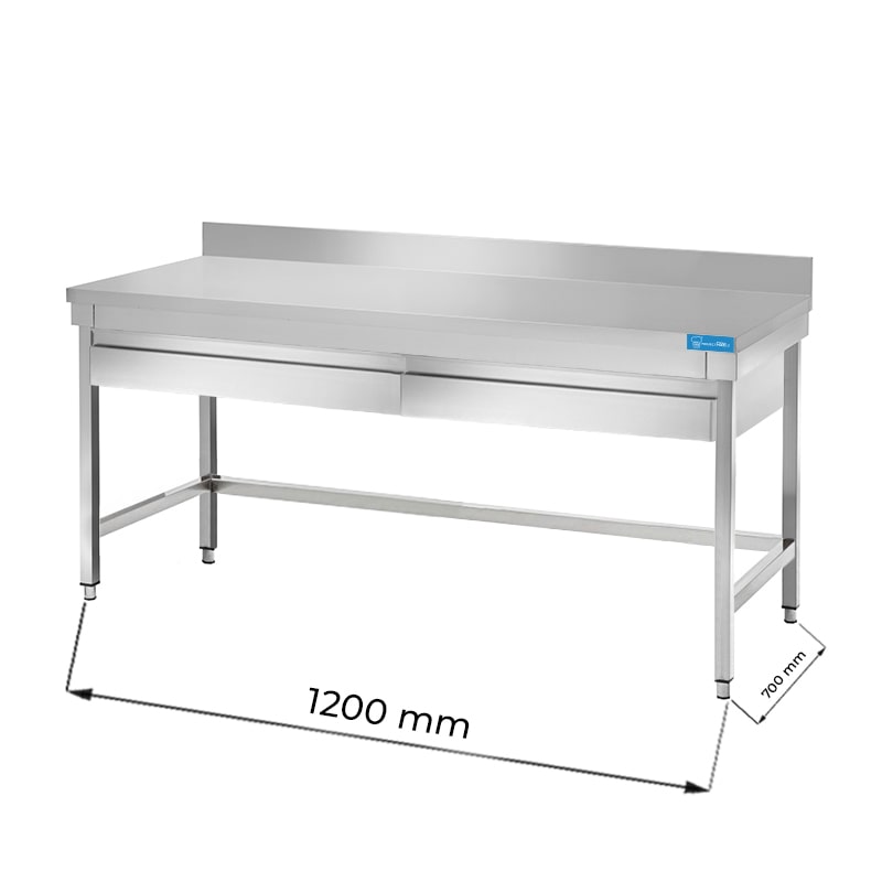 Table ouverte en acier inoxydable avec 2 tiroirs horizontaux sans étagère de fond avec dosseret L1200xP700xH850 mm - ligne basic
