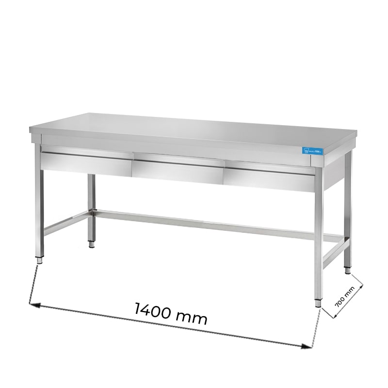 Table ouverte en acier inoxydable avec 3 tiroirs horizontaux sans étagère de fond sans dosseret L1400xP700xH850 mm - ligne basic