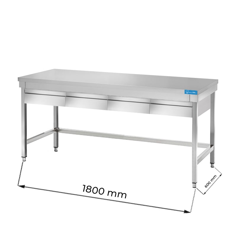 Table ouverte en acier inoxydable avec 4 tiroirs horizontaux sans étagère de fond sans dosseret L1800xP600xH850 mm - ligne basic