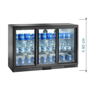 Réfrigérateur de comptoir/arrière-bar pour boissons noir avec trois portes coulissantes, hauteur 92 cm - température de +2°C à +8°C