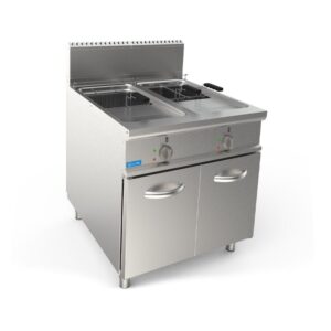 Friteuse professionnelle à gaz sur meuble avec double cuve propre de 17 lt + 17 lt