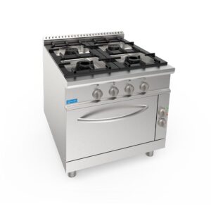 Cuisinière à gaz 4 feux avec 1 brûleur de 3,5 kw + 1 brûleur de 5,5 kw + 2 brûleurs de 7,4 kw sur four électrique GN 2/1 puissance 5,48 kw