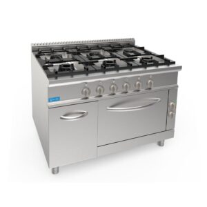 Cuisinière à gaz 6 feux avec 1 brûleur de 3,5 kw + 2 brûleurs de 5,5 kw + 3 brûleurs de 7,4 kw sur four électrique GN 2/1 puissance 5,48 kw
