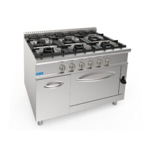 Cuisinière à gaz 6 feux avec 1 brûleur de 3,5 kw + 2 brûleurs de 5,5 kw + 3 brûleurs de 7,4 kw sur four à gaz GN 2/1  puissance 8,6 kw