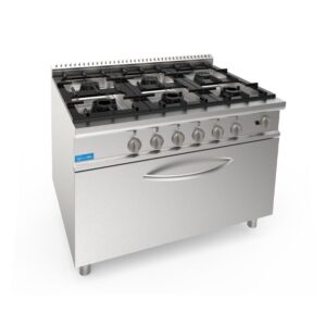Cuisinière à gaz 6 feux avec 1 brûleur de 3,5 kw + 2 brûleurs de 5,5 kw + 3 brûleurs de 7,4 kw sur four à gaz GN maxi puissance 12 kw