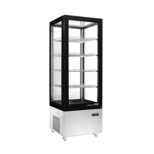Vitrine d’exposition ventilée avec 4 côtés en verre et 4 étagères température de 0°C à +12°C - capacité 400 lt