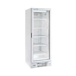 Vitrine d’exposition blanche statique avec agitateur avec porte en verre et 5 étagères temp de -18°C a -24°C - capacité 360 lt