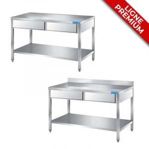 TABLES INOX AVEC ÉTAGÈRE ET TIROIRS