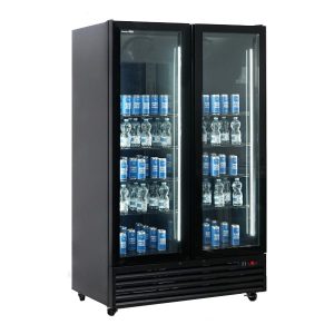 Vitrine réfrigérée pour boissons premium noire avec portes battantes 614 L, température de 0°C à +10°C