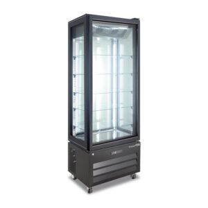 Vitrine d’exposition noire no frost avec 4 côtés en verre et 5 étagères température de -18°C à -21°C - capacité 452 lt