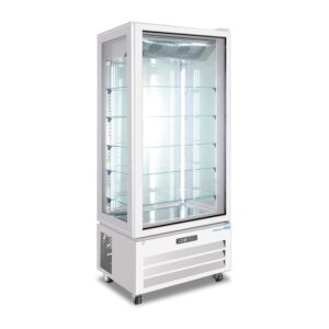 Vitrine d’exposition blanche no frost avec 4 côtés verre et 5 étagères de température de 0°C a +10°C - capacité 624 lt