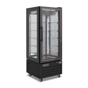 Vitrine d’exposition noire no frost avec 4 côtés verre et 5 étagères de température de 0°C a +10°C - capacité 624 lt