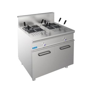 Cuiseur à pâtes à gaz professionnel sur meuble avec cuve double de 28 lt + 28 lt