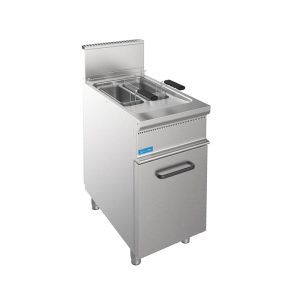 Friteuse professionnelle à gaz sur meuble avec cuve double de 8 lt + 8 lt