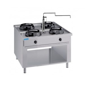 Plaque de cuisson à gaz pour wok à double face sur base avec n°4 feux et colonne d’eau - longueur 1000 mm