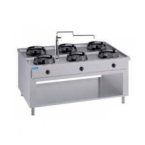 Plaque de cuisson à gaz pour wok à double face sur base avec n°6 feux et colonne d’eau - longueur 1500 mm
