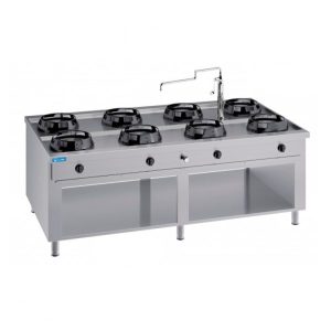 Plaque de cuisson à gaz pour wok à double face sur base avec n°8 feux et colonne d’eau - longueur 2000 mm