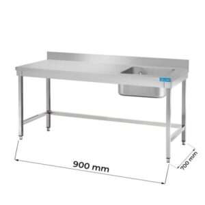 Table ouverte en acier inoxydable avec bassin à droite sans étagère avec dosseret L900xP700xH850 mm - ligne basic