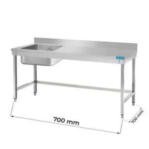 Table ouverte en acier inoxydable avec bassin à gauche sans étagère avec dosseret L700xP700xH850 mm - ligne basic