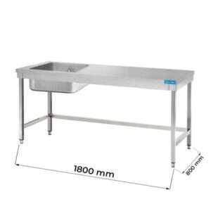 Table ouverte en acier inoxydable avec bassin à gauche sans étagère sans dosseret L1800xP800xH850 mm - ligne basic