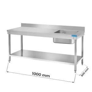 Table ouvert en acier inoxydable avec cuve à droite, étagère de fond et dosseret L1000xP800xH850 mm - ligne premium