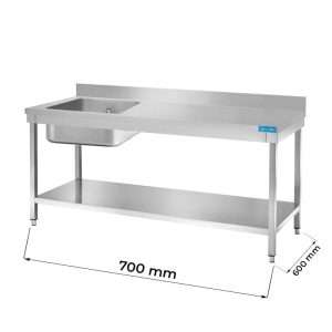 Table ouverte en acier inoxydable avec bassin à gauche avec étagère avec dosseret L700xP600xH850 mm - ligne basic