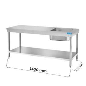 Table ouvert en acier inoxydable avec cuve à droite et étagère de fond sans dosseret L1400xP800xH850 mm - ligne premium
