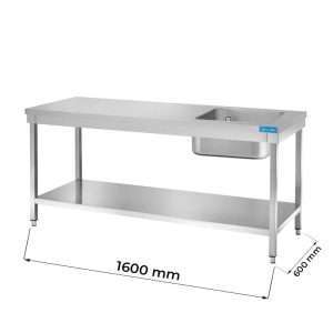 Table ouverte en acier inoxydable avec bassin à droite avec étagère sans dosseret L1600xP600xH850 mm - ligne basic