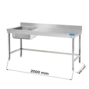 Table ouverte en acier inoxydable avec bassin à gauche sans étagère avec dosseret L2000xP800xH850 mm - ligne basic