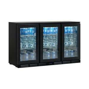 Réfrigérateur de comptoir/arrière-bar pour boissons noir avec trois portes battantes, hauteur 84 cm - température de -2°C à +10°C