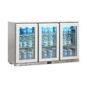 Réfrigérateur de comptoir/arrière-bar pour boissons inox avec trois portes battantes, hauteur 84 cm - température de -2°C à +10°C