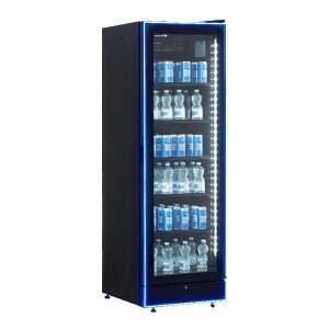 Vitrine réfrigérée pour boissons noire 378 L avec cadre à LED bleu, température de 0°C à +7°C