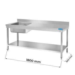 Table ouverte en acier inoxydable avec bassin à gauche avec étagère avec dosseret L1800xP600xH850 mm - ligne basic