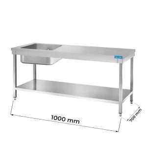 Table ouverte en acier inoxydable avec bassin à gauche avec étagère sans dosseret L1000xP700xH850 mm - ligne basic
