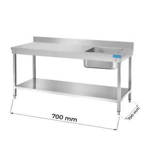 Table ouverte en acier inoxydable avec bassin à droite avec étagère avec dosseret L700xP700xH850 mm - ligne basic